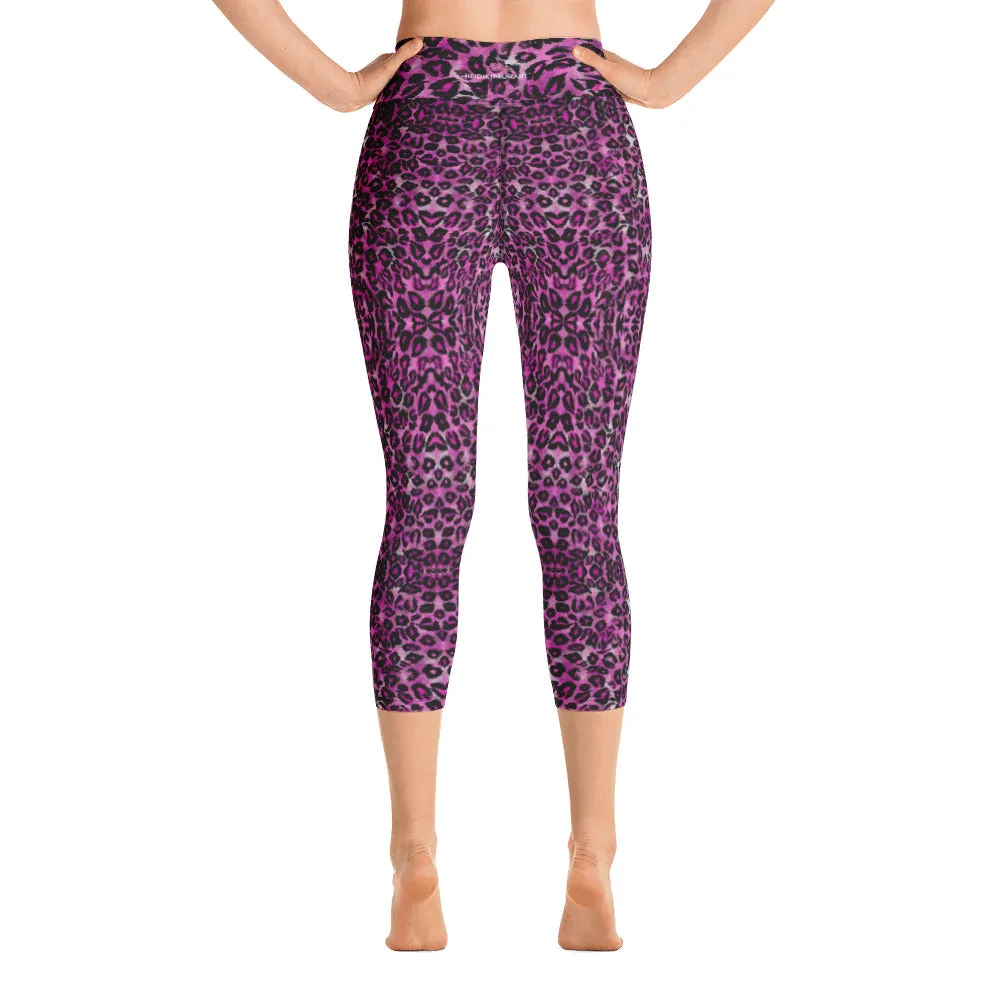 Pink Leopard Yoga Capri Leggings, Leopard Animal Print Women's Capris Tights-Made in USA/EU/MX