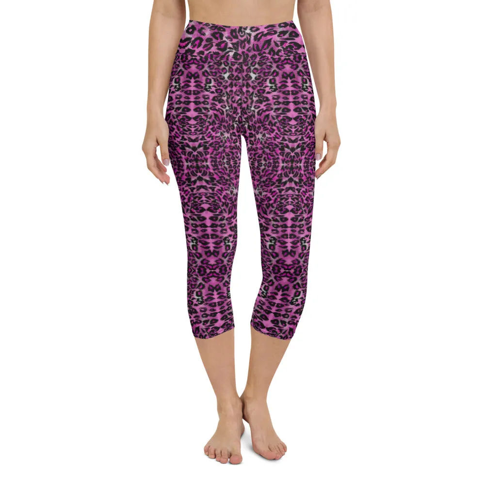 Pink Leopard Yoga Capri Leggings, Leopard Animal Print Women's Capris Tights-Made in USA/EU/MX