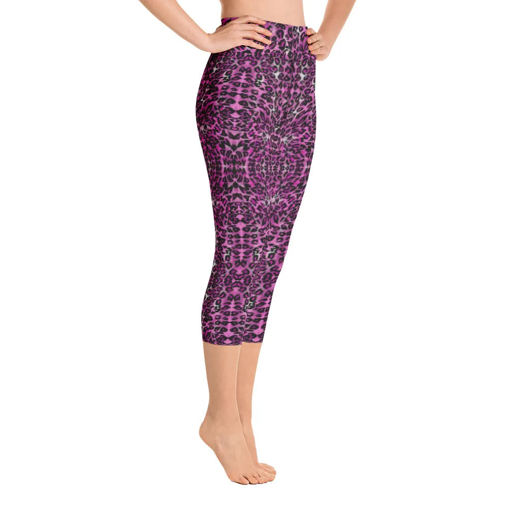 Pink Leopard Yoga Capri Leggings, Leopard Animal Print Women's Capris Tights-Made in USA/EU/MX