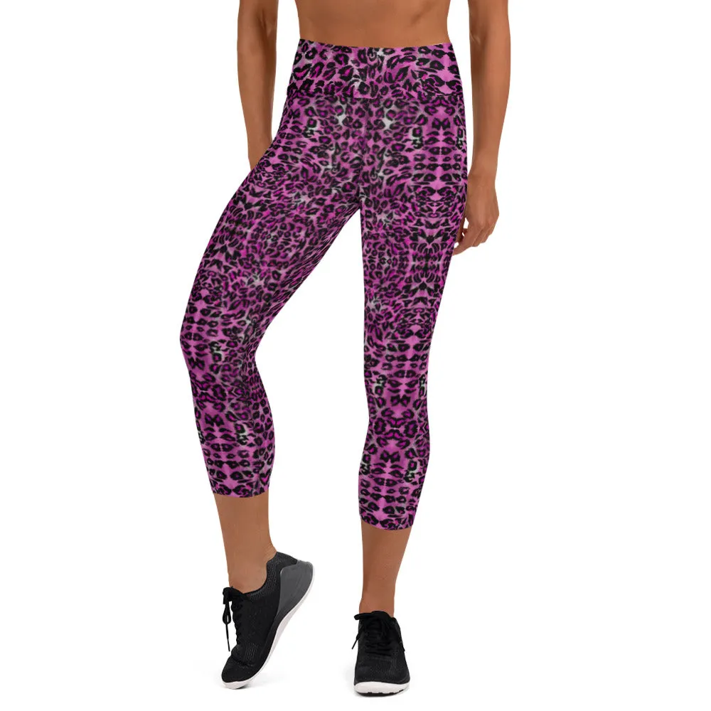 Pink Leopard Yoga Capri Leggings, Leopard Animal Print Women's Capris Tights-Made in USA/EU/MX