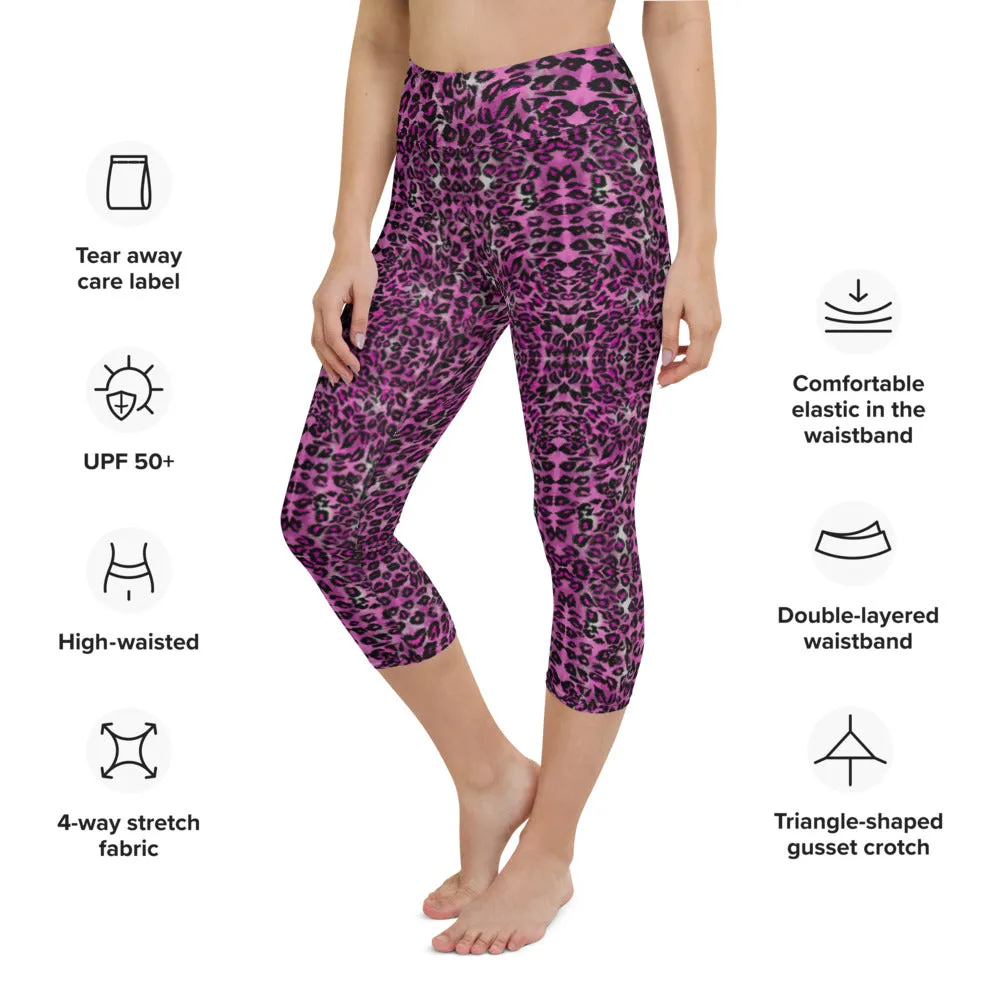 Pink Leopard Yoga Capri Leggings, Leopard Animal Print Women's Capris Tights-Made in USA/EU/MX