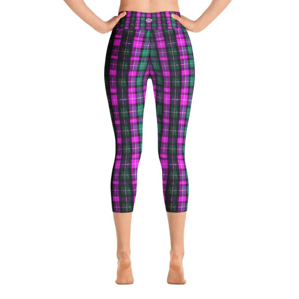 Pink Plaid Women's Capri Leggings, Preppy Green Tartan Print Yoga Pants- Made In USA/EU