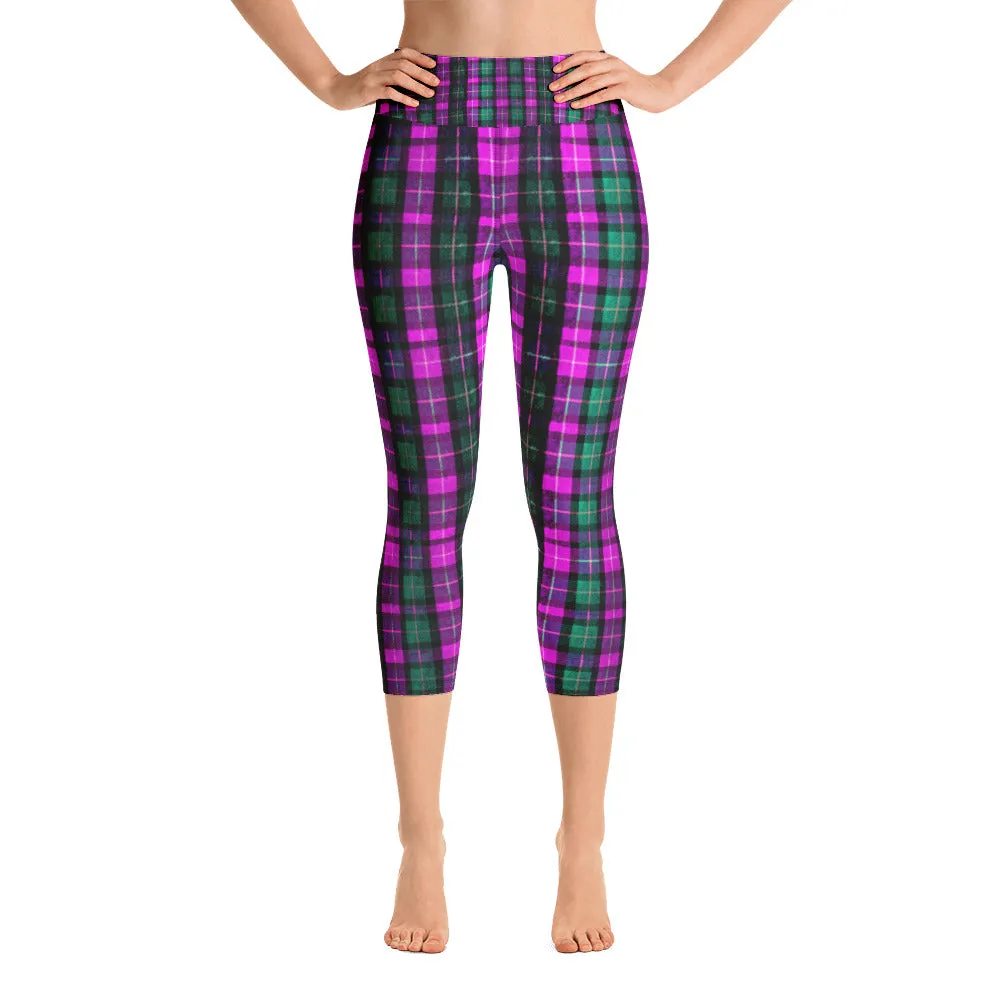 Pink Plaid Women's Capri Leggings, Preppy Green Tartan Print Yoga Pants- Made In USA/EU