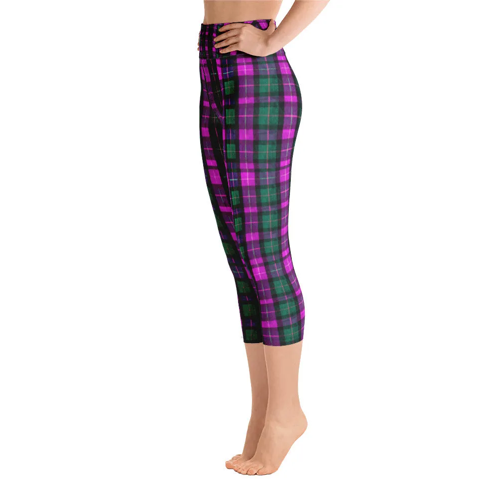 Pink Plaid Women's Capri Leggings, Preppy Green Tartan Print Yoga Pants- Made In USA/EU