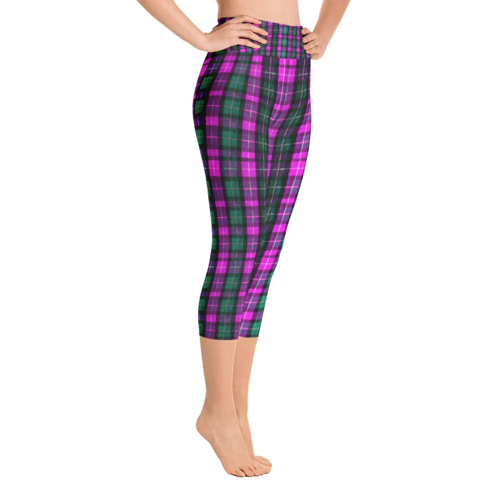 Pink Plaid Women's Capri Leggings, Preppy Green Tartan Print Yoga Pants- Made In USA/EU