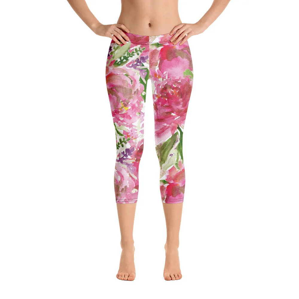 Pink Rose Women's Capri Leggings, Floral Casual Tights Floral Designer Casual 38–40 UPF Capri Leggings Activewear Outfit - Made in USA/EU/MX (US Size: XS-XL)