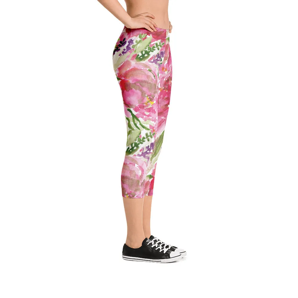 Pink Rose Women's Capri Leggings, Floral Casual Tights Floral Designer Casual 38–40 UPF Capri Leggings Activewear Outfit - Made in USA/EU/MX (US Size: XS-XL)