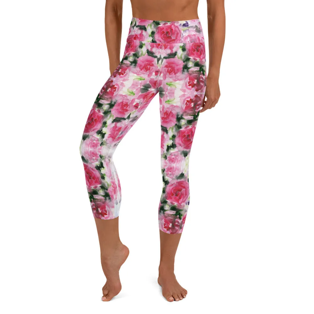 Pink Rose Yoga Capri Leggings, Floral Flower Print Women's Capris Tights-Made in USA/EU/MX