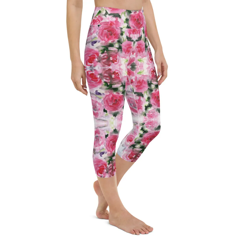 Pink Rose Yoga Capri Leggings, Floral Flower Print Women's Capris Tights-Made in USA/EU/MX