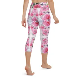 Pink Rose Yoga Capri Leggings, Floral Flower Print Women's Capris Tights-Made in USA/EU/MX