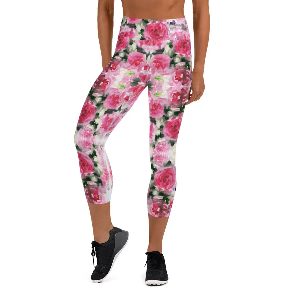 Pink Rose Yoga Capri Leggings, Floral Flower Print Women's Capris Tights-Made in USA/EU/MX