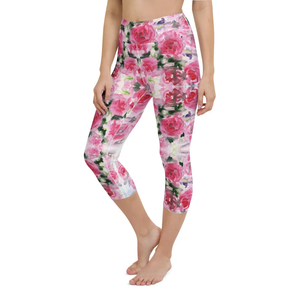 Pink Rose Yoga Capri Leggings, Floral Flower Print Women's Capris Tights-Made in USA/EU/MX