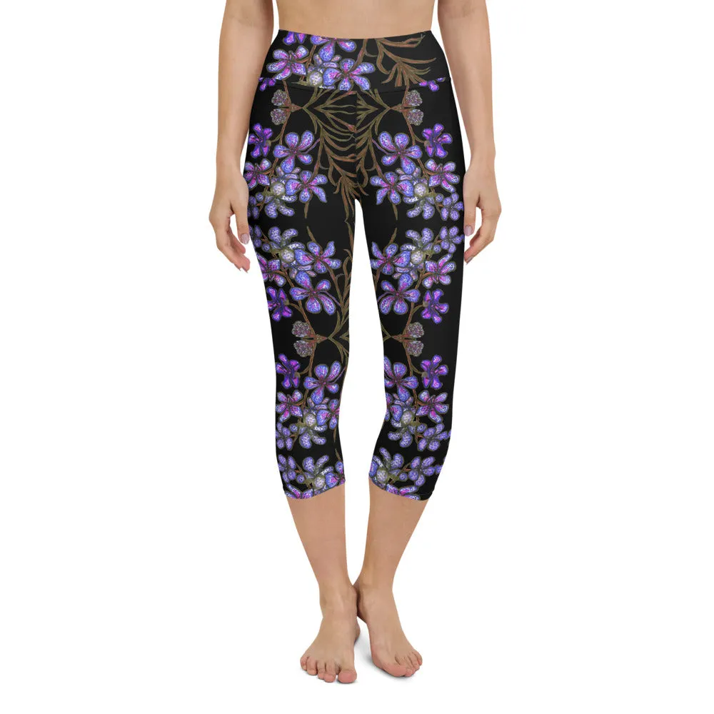 Purple Orchids Yoga Capri Leggings, Floral Print Women's Best Capris Tights-Made in USA/EU