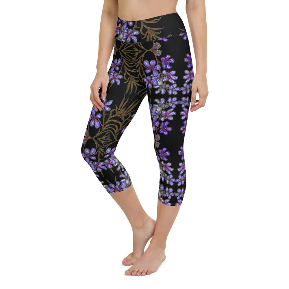 Purple Orchids Yoga Capri Leggings, Floral Print Women's Best Capris Tights-Made in USA/EU