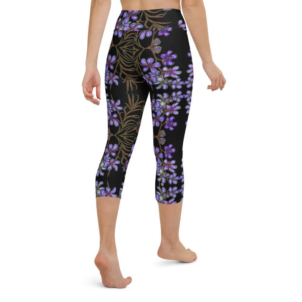 Purple Orchids Yoga Capri Leggings, Floral Print Women's Best Capris Tights-Made in USA/EU