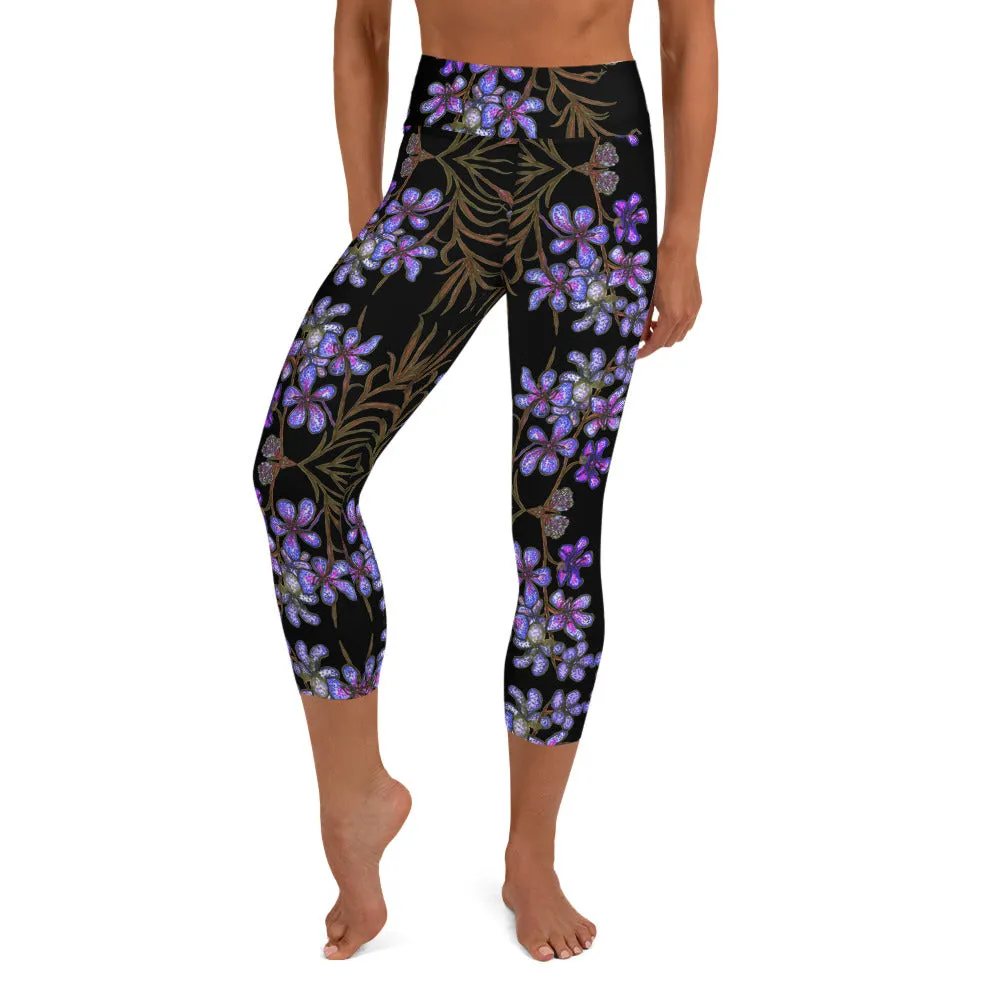 Purple Orchids Yoga Capri Leggings, Floral Print Women's Best Capris Tights-Made in USA/EU