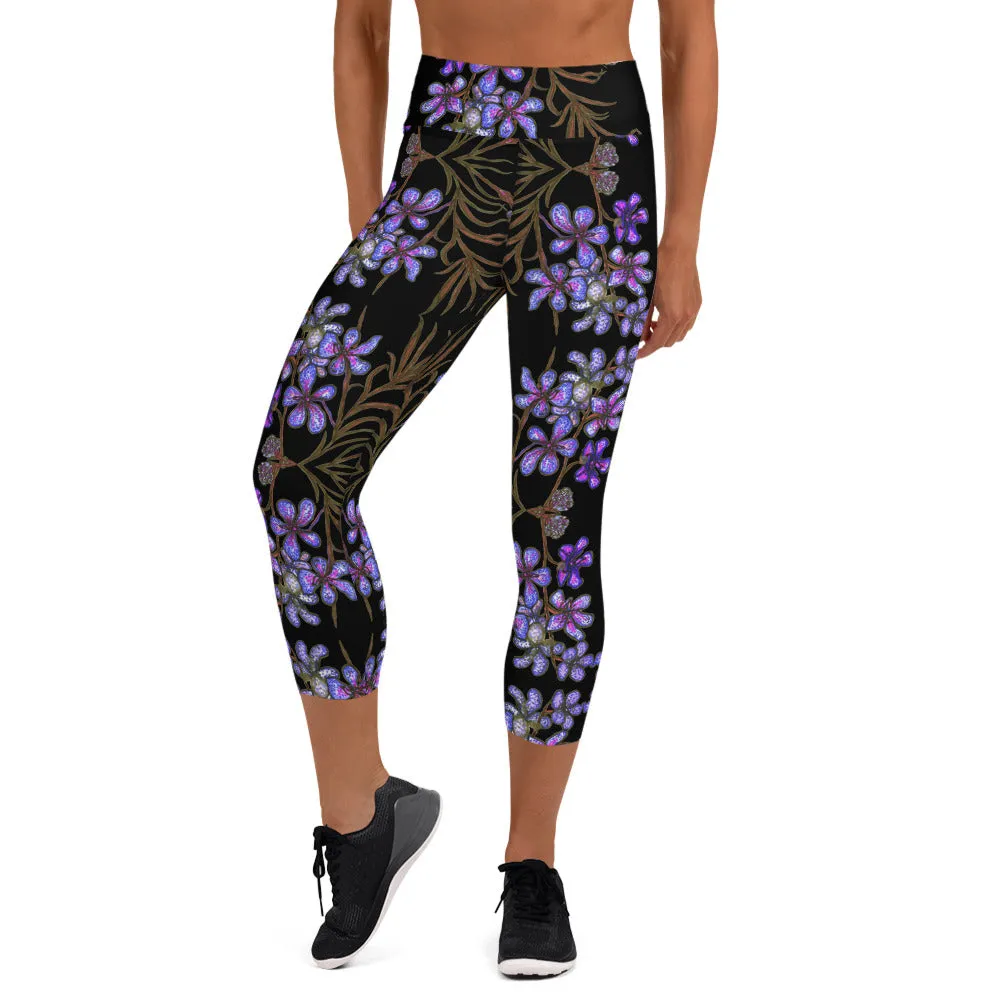 Purple Orchids Yoga Capri Leggings, Floral Print Women's Best Capris Tights-Made in USA/EU