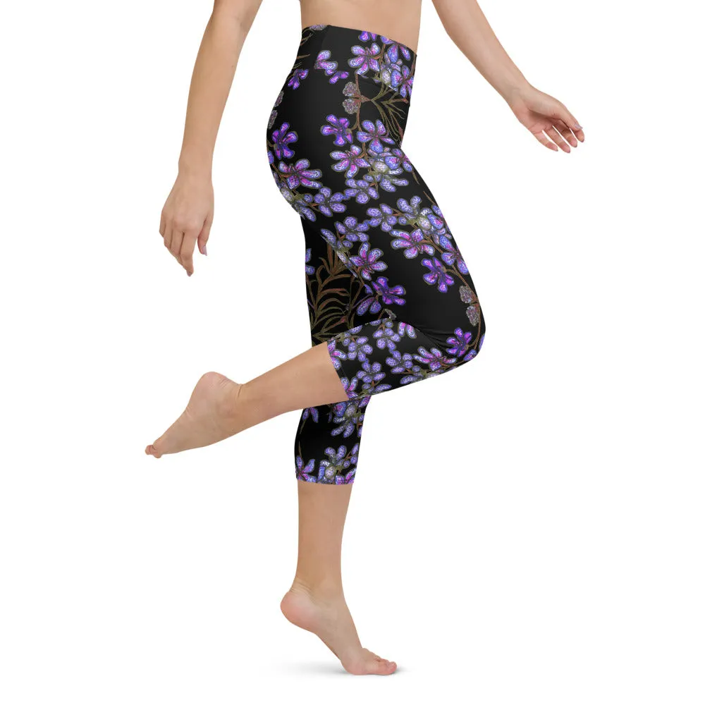 Purple Orchids Yoga Capri Leggings, Floral Print Women's Best Capris Tights-Made in USA/EU