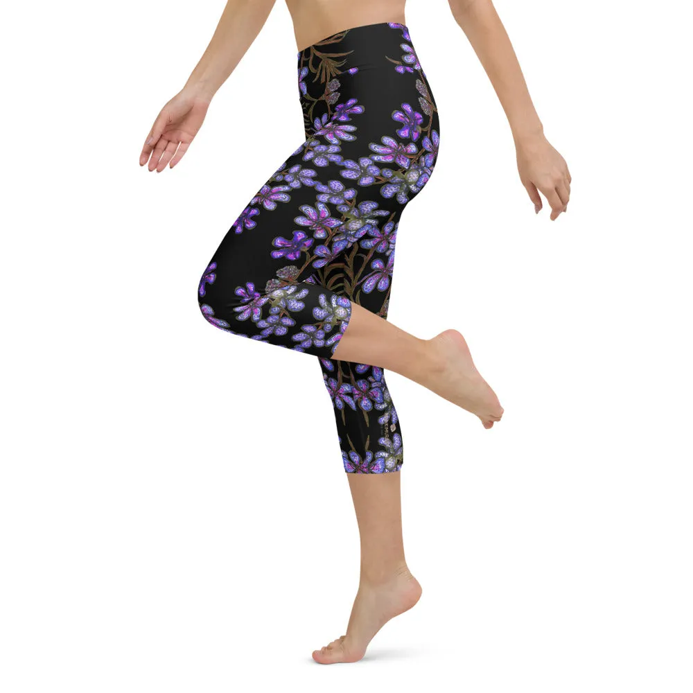 Purple Orchids Yoga Capri Leggings, Floral Print Women's Best Capris Tights-Made in USA/EU