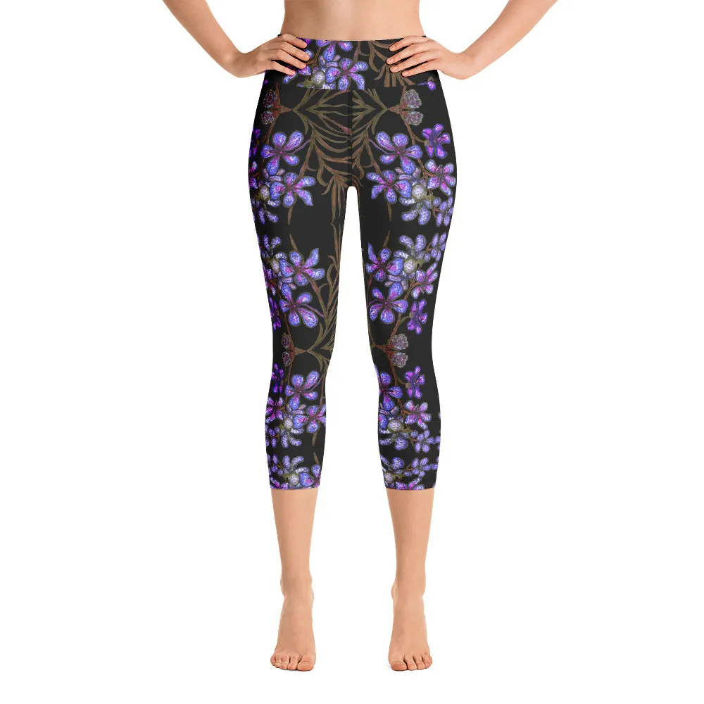 Purple Orchids Yoga Capri Leggings, Floral Print Women's Best Capris Tights-Made in USA/EU