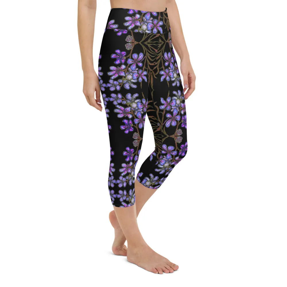 Purple Orchids Yoga Capri Leggings, Floral Print Women's Best Capris Tights-Made in USA/EU