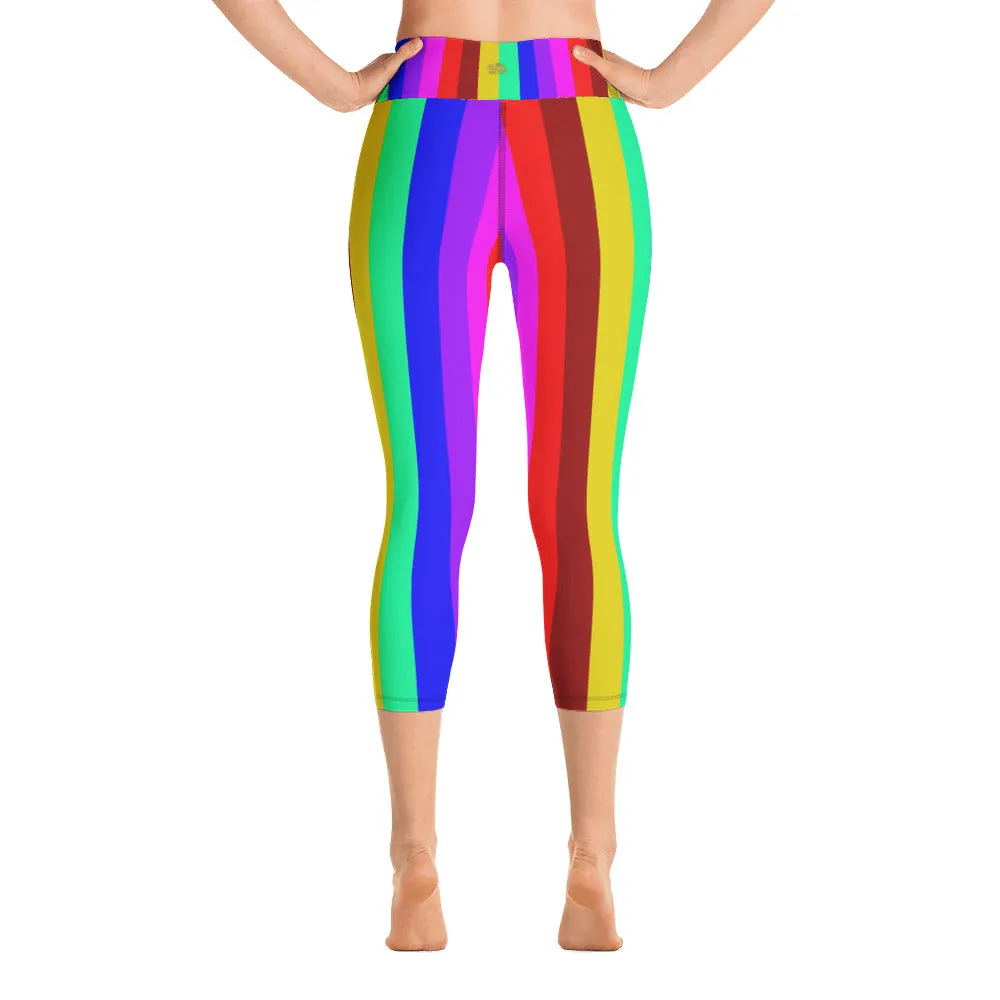 Rainbow Striped Capri Leggings, Gay Pride Women's  Tights w/ Pockets-Made in USA/EU