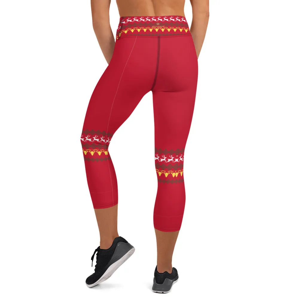 Red Christmas Yoga Capri Leggings, Christmas Themed Women's Tights-Made in USA/EU/MX