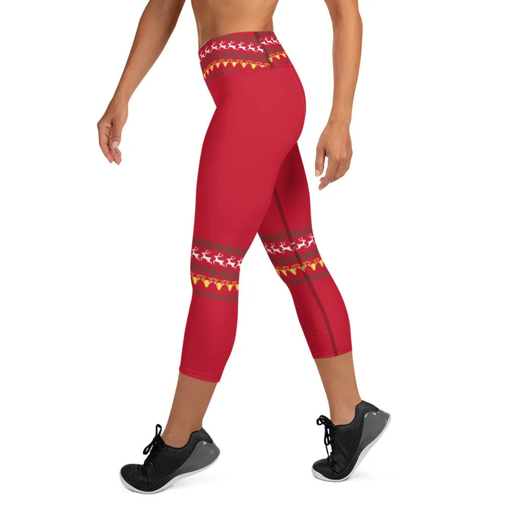 Red Christmas Yoga Capri Leggings, Christmas Themed Women's Tights-Made in USA/EU/MX