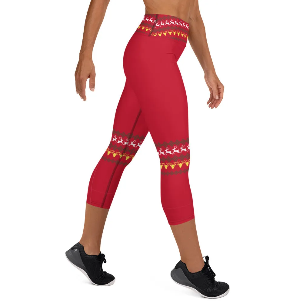 Red Christmas Yoga Capri Leggings, Christmas Themed Women's Tights-Made in USA/EU/MX