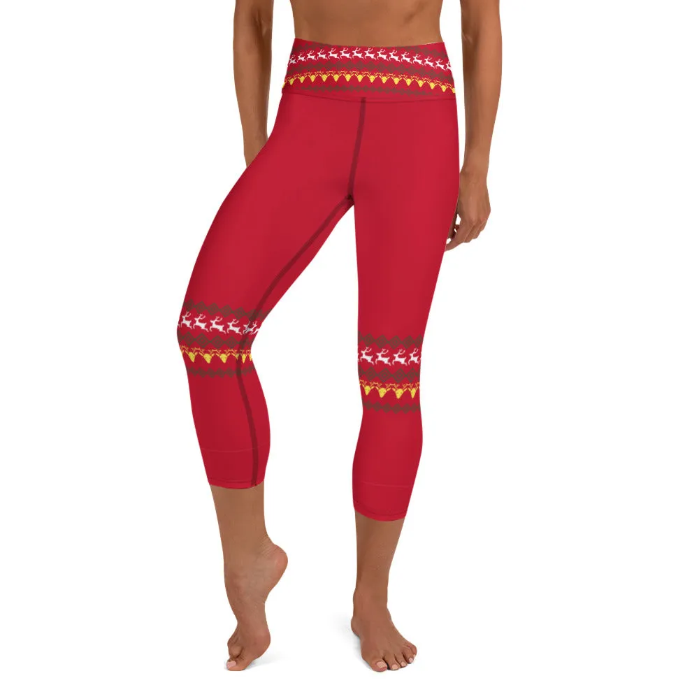 Red Christmas Yoga Capri Leggings, Christmas Themed Women's Tights-Made in USA/EU/MX