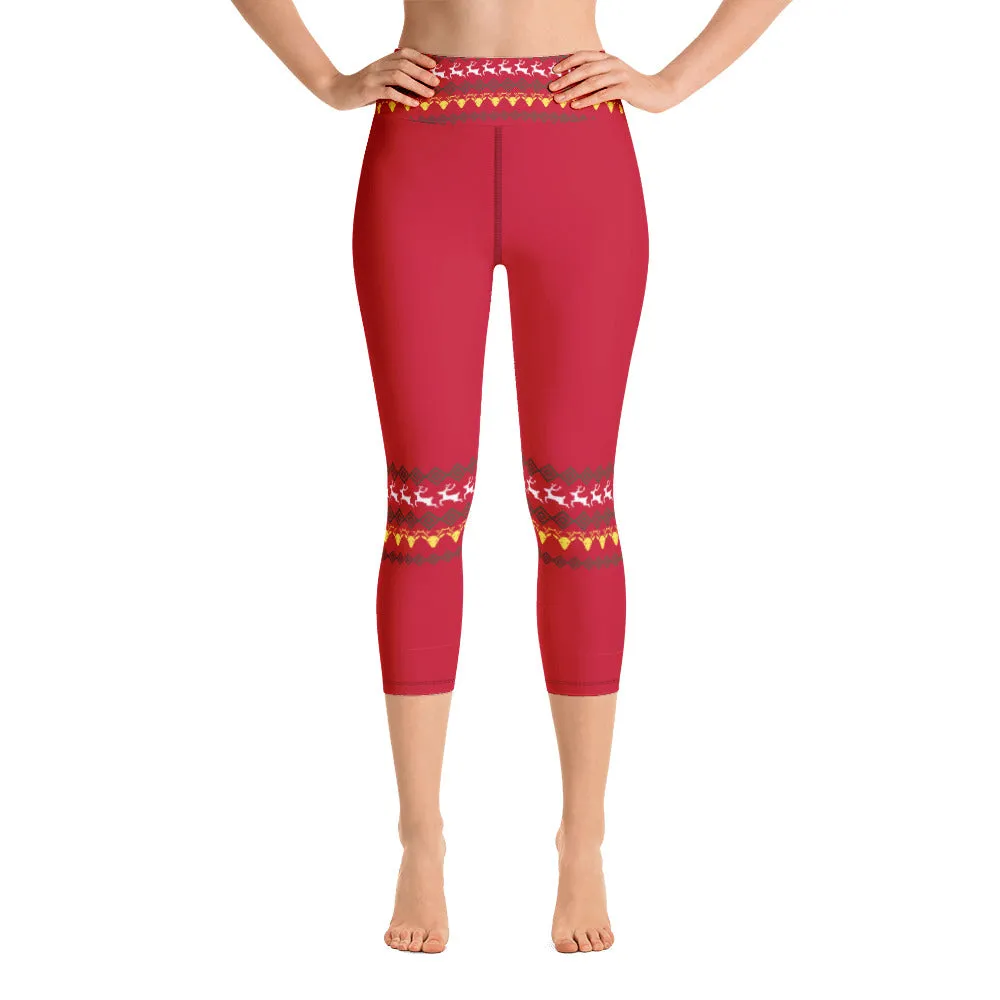 Red Christmas Yoga Capri Leggings, Christmas Themed Women's Tights-Made in USA/EU/MX