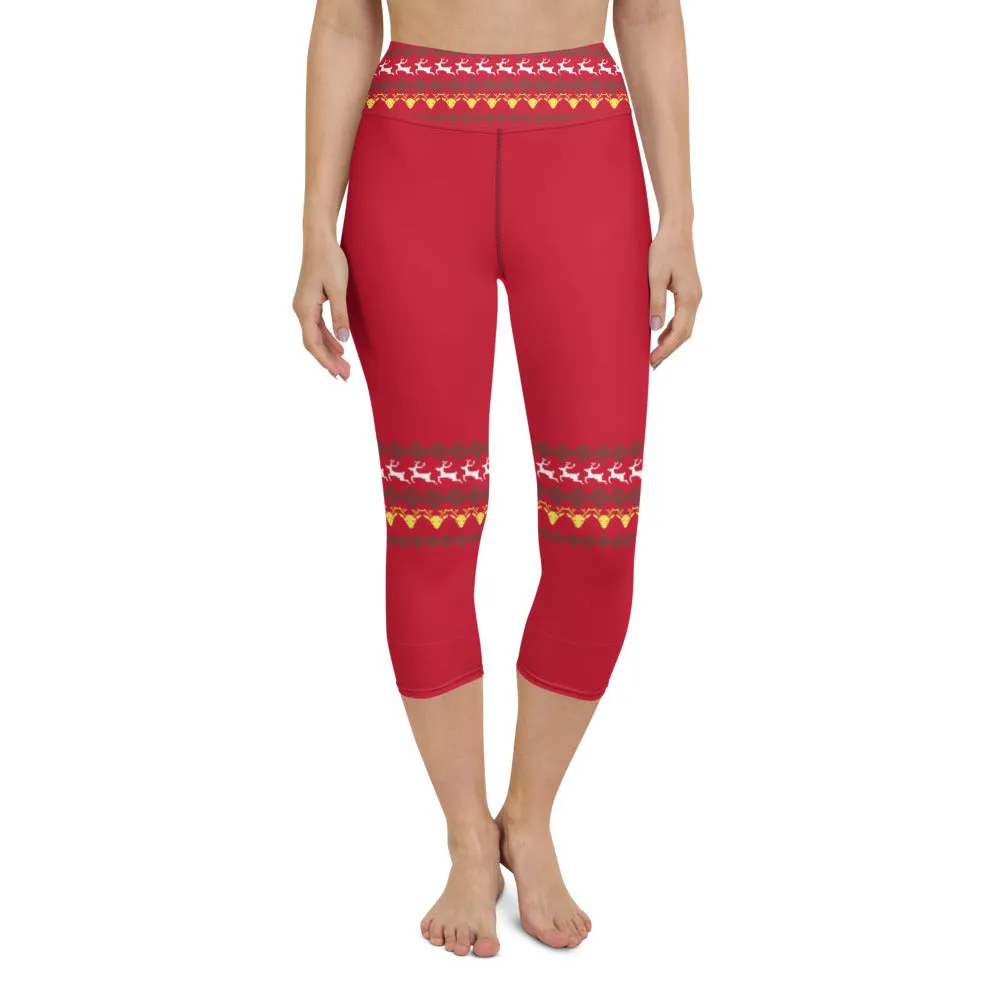 Red Christmas Yoga Capri Leggings, Christmas Themed Women's Tights-Made in USA/EU/MX