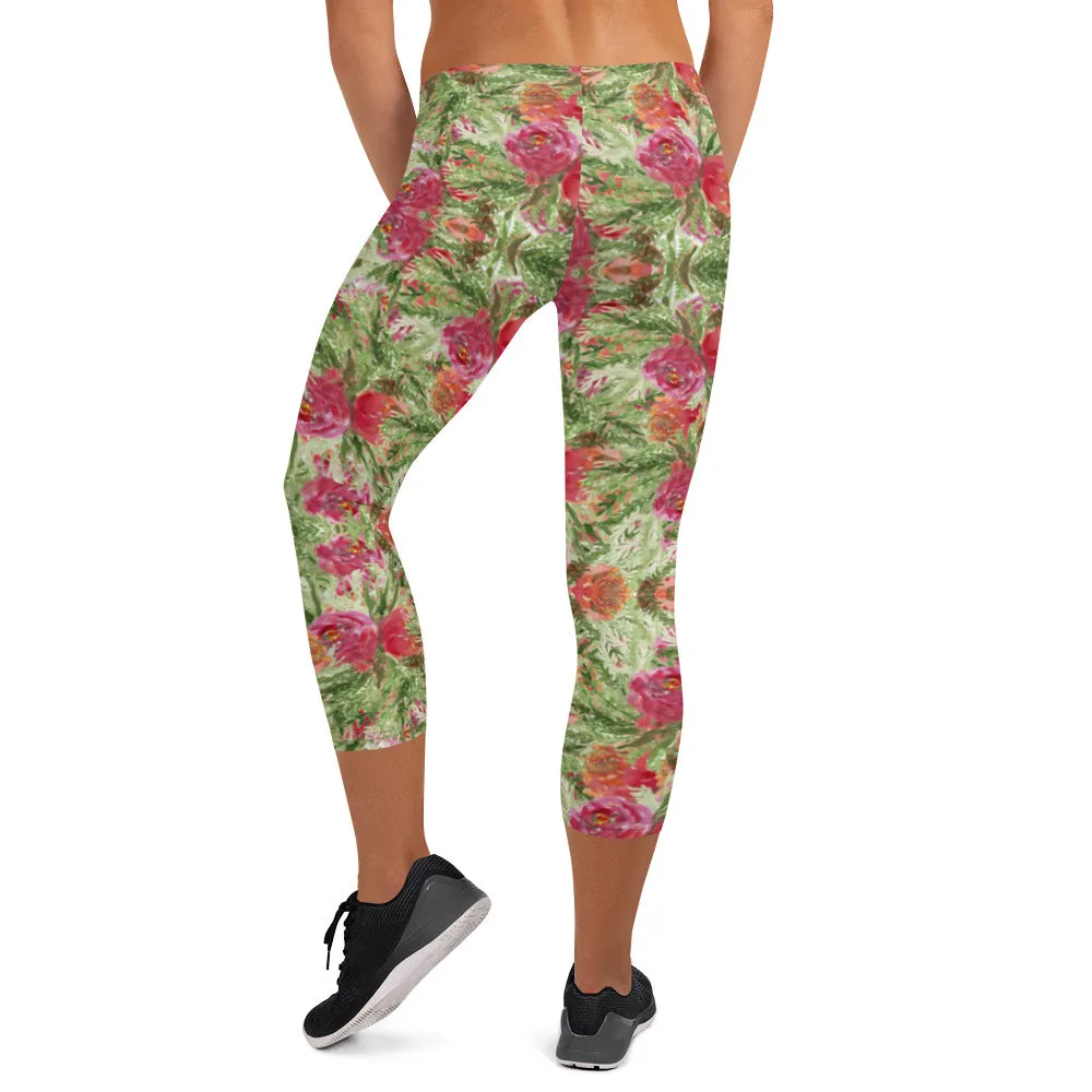 Red Floral Print Capri Leggings, Watercolor Rose Flower Print Women's Casual Capris Tights-Made in USA/EU