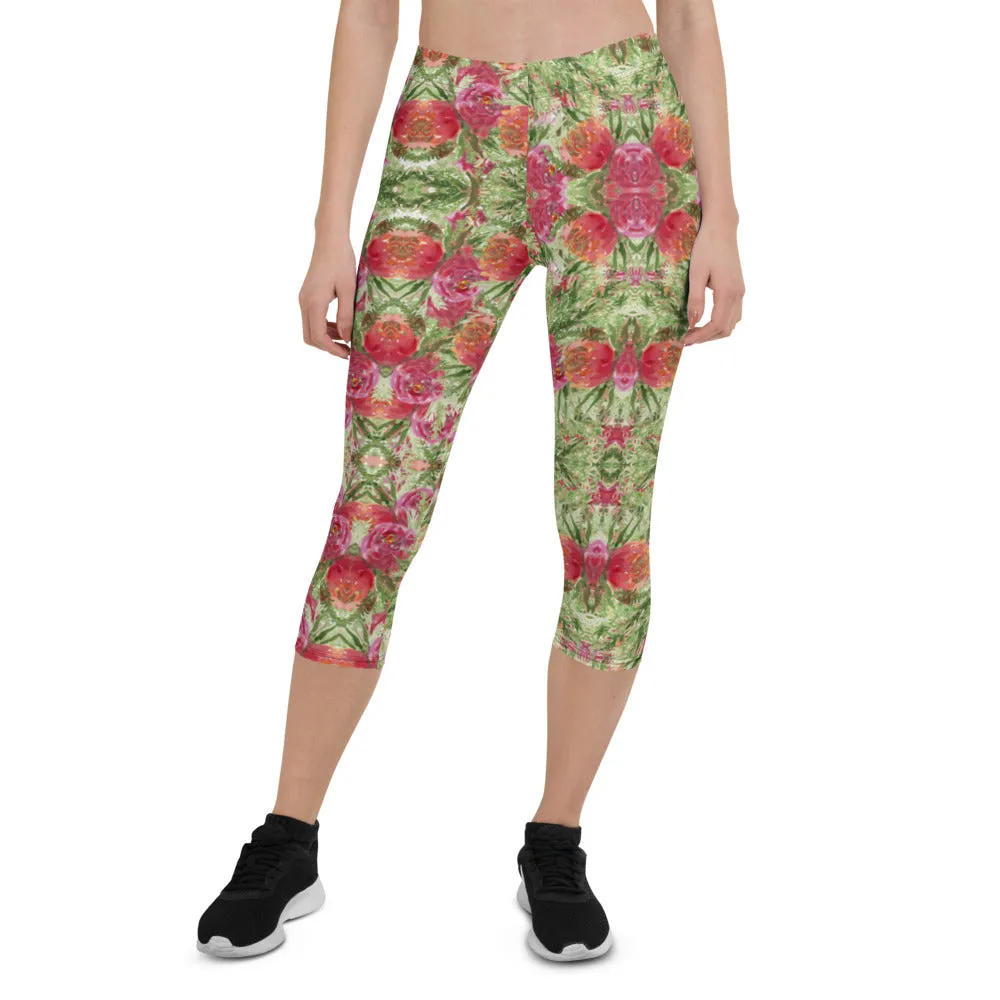 Red Floral Print Capri Leggings, Watercolor Rose Flower Print Women's Casual Capris Tights-Made in USA/EU