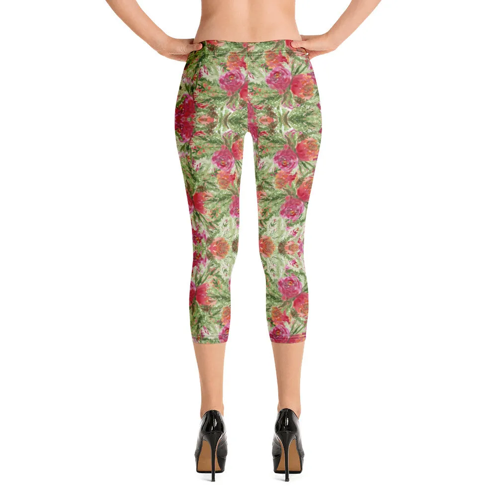 Red Floral Print Capri Leggings, Watercolor Rose Flower Print Women's Casual Capris Tights-Made in USA/EU