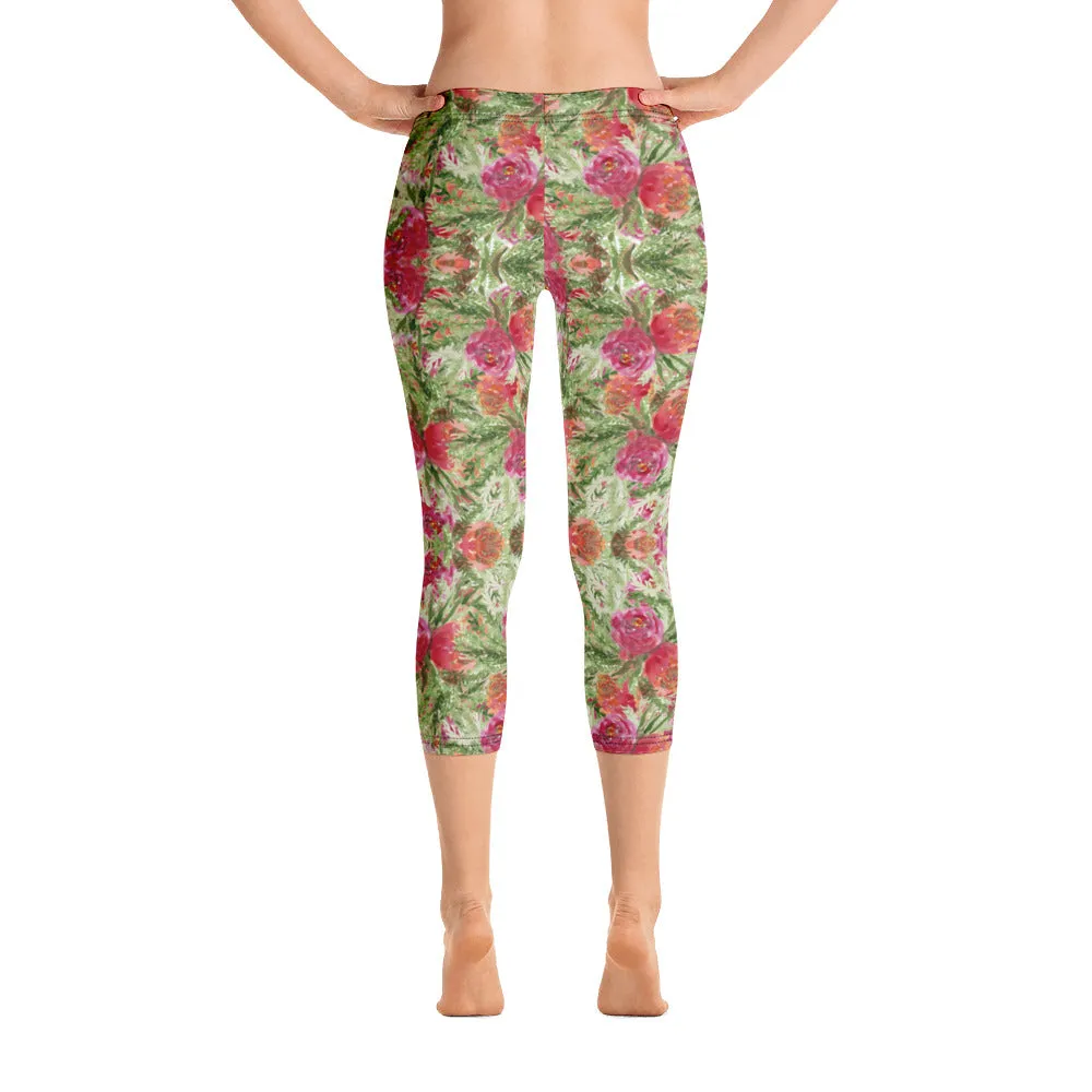 Red Floral Print Capri Leggings, Watercolor Rose Flower Print Women's Casual Capris Tights-Made in USA/EU