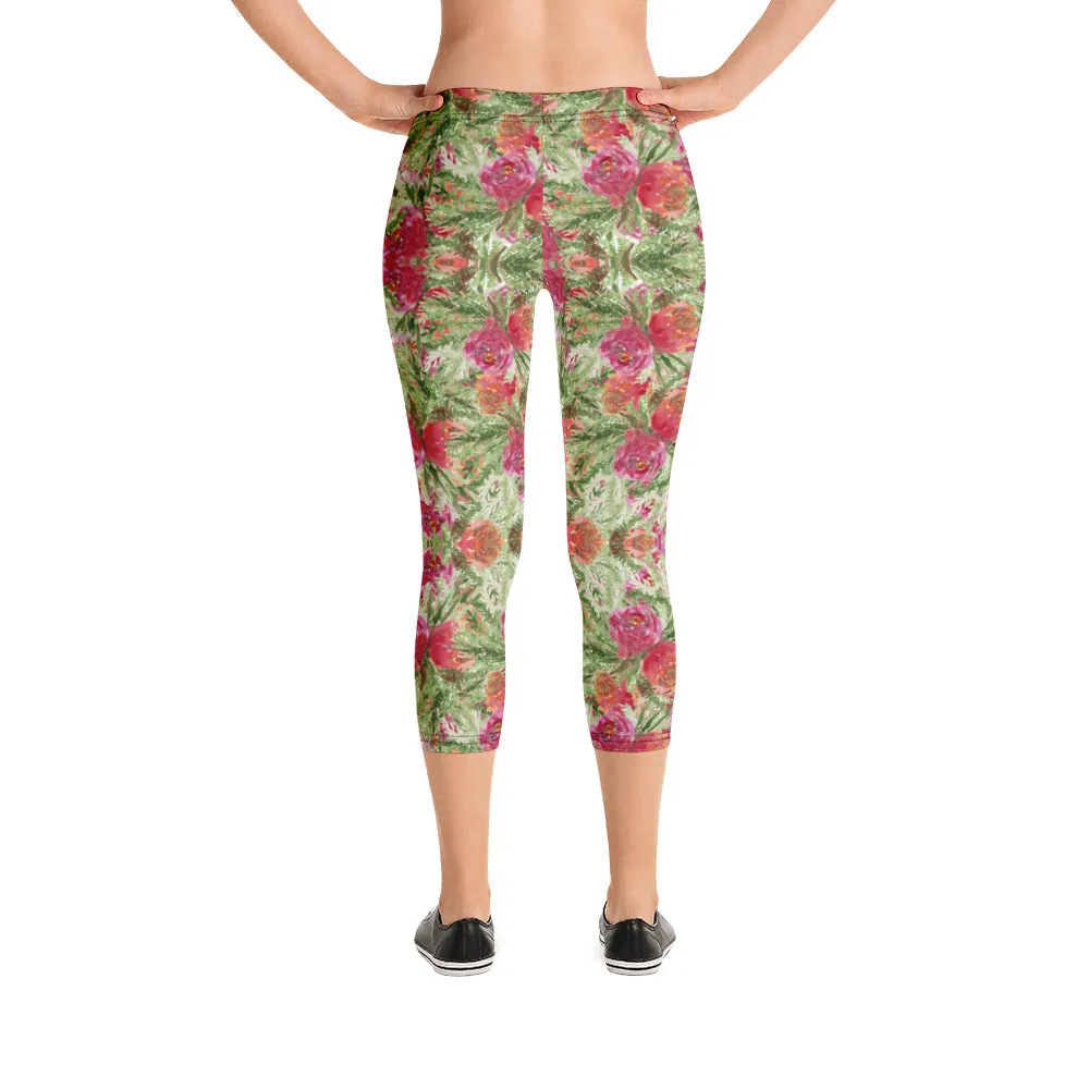 Red Floral Print Capri Leggings, Watercolor Rose Flower Print Women's Casual Capris Tights-Made in USA/EU