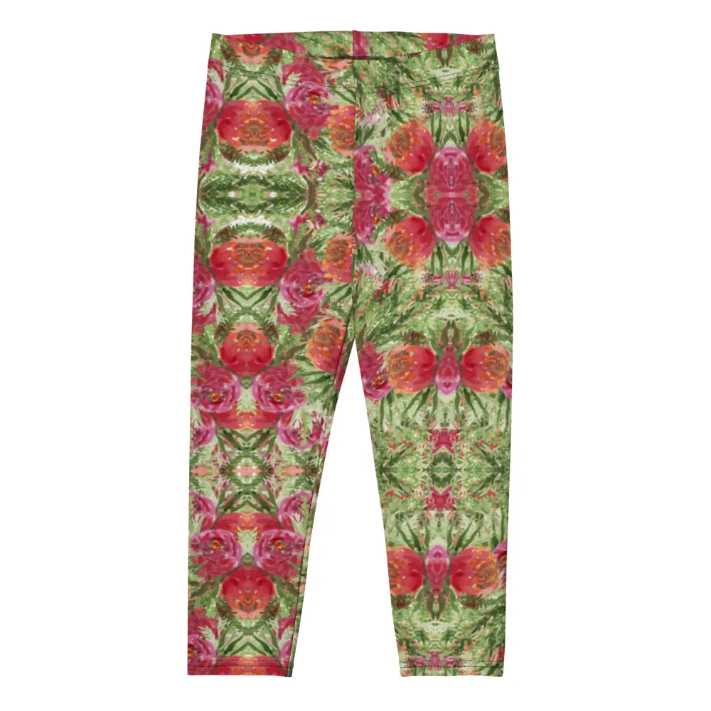 Red Floral Print Capri Leggings, Watercolor Rose Flower Print Women's Casual Capris Tights-Made in USA/EU