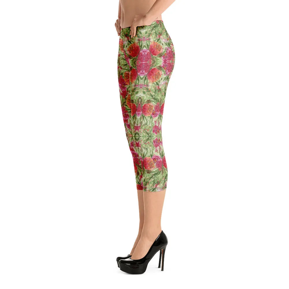 Red Floral Print Capri Leggings, Watercolor Rose Flower Print Women's Casual Capris Tights-Made in USA/EU