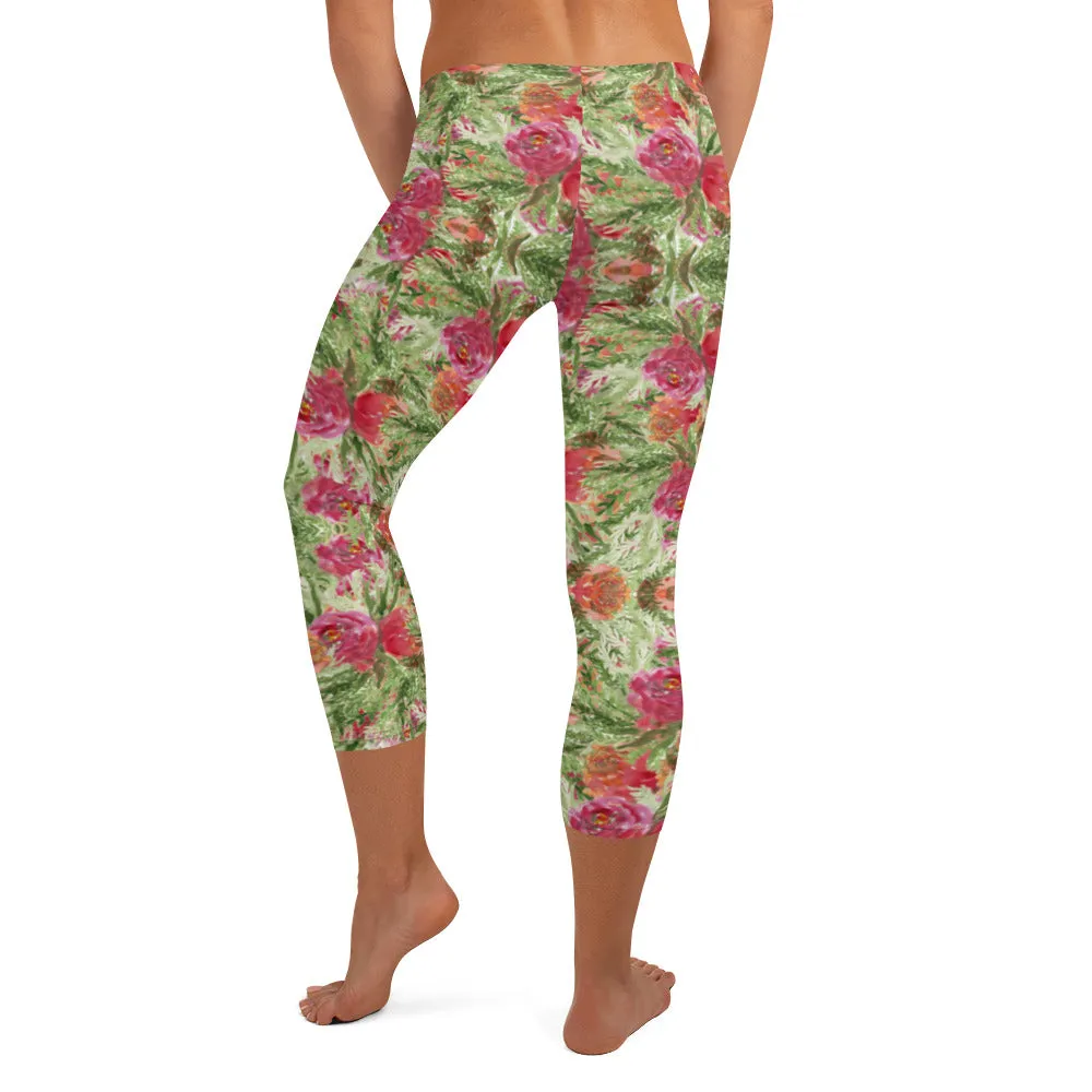 Red Floral Print Capri Leggings, Watercolor Rose Flower Print Women's Casual Capris Tights-Made in USA/EU