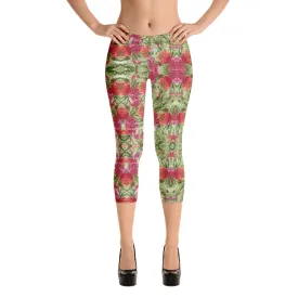 Red Floral Print Capri Leggings, Watercolor Rose Flower Print Women's Casual Capris Tights-Made in USA/EU