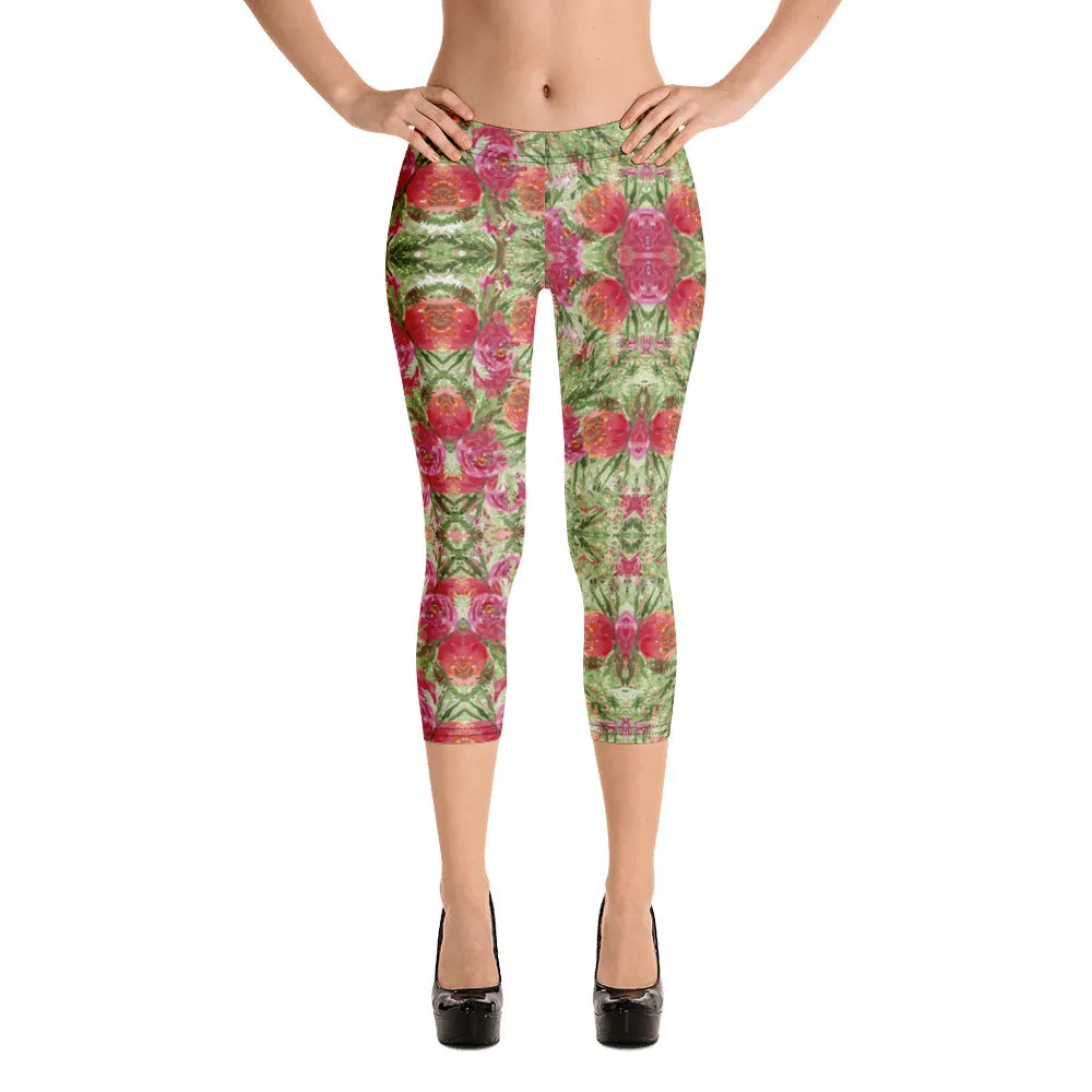 Red Floral Print Capri Leggings, Watercolor Rose Flower Print Women's Casual Capris Tights-Made in USA/EU