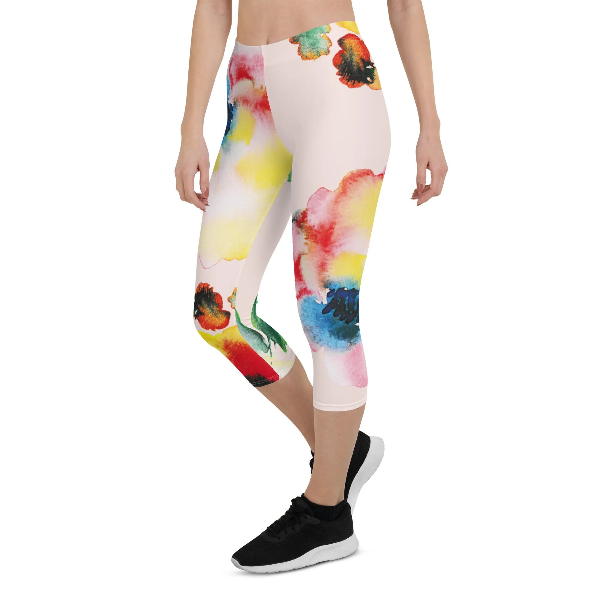 Red Mixed Floral Capri Leggings, Abstract Flower Print Designer Premium Quality Women's Capris Tights- Made in USA/EU/MX