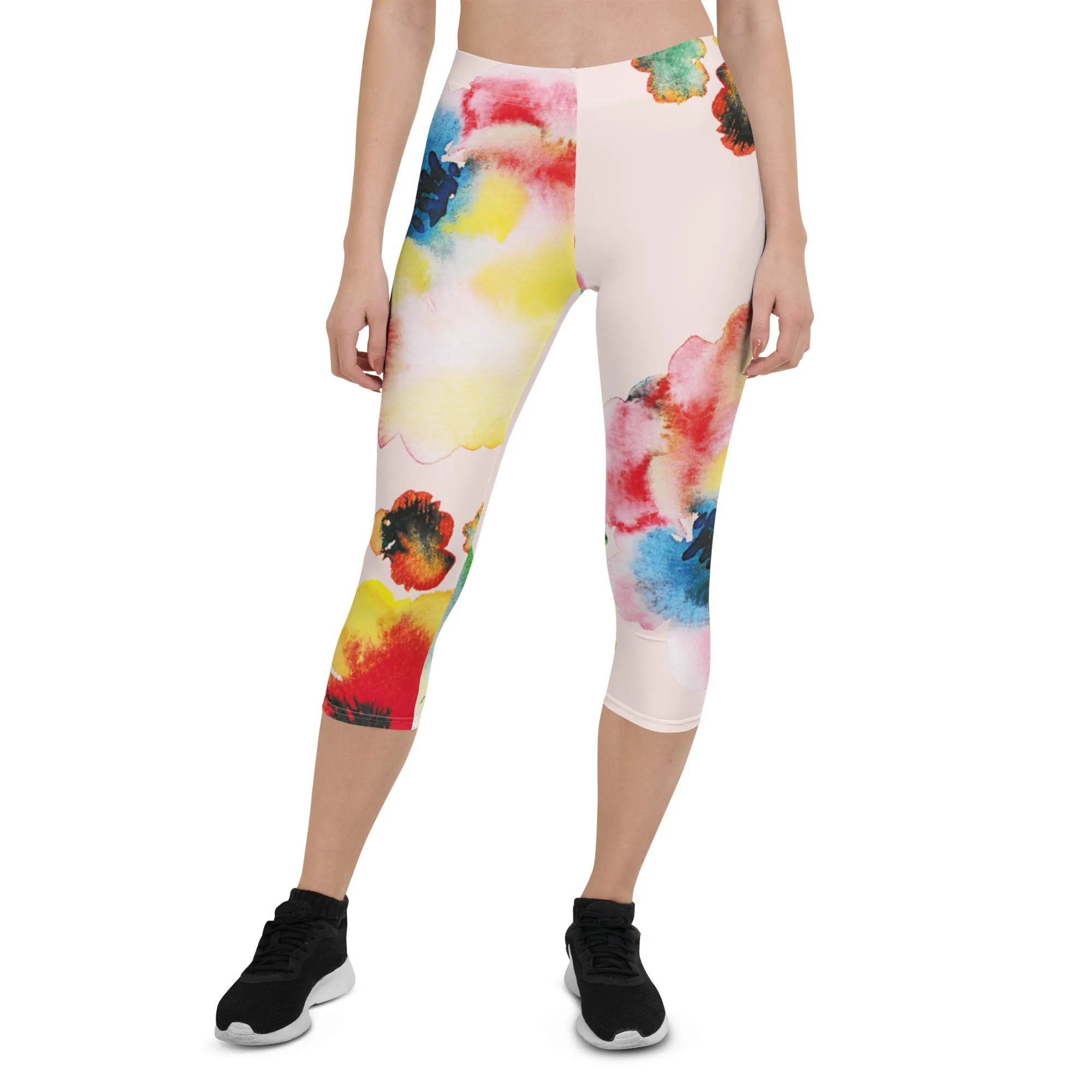 Red Mixed Floral Capri Leggings, Abstract Flower Print Designer Premium Quality Women's Capris Tights- Made in USA/EU/MX