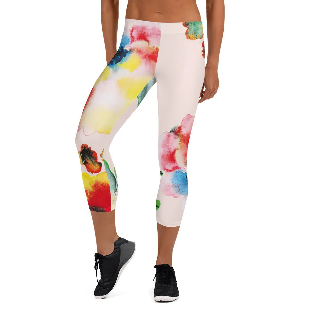 Red Mixed Floral Capri Leggings, Abstract Flower Print Designer Premium Quality Women's Capris Tights- Made in USA/EU/MX