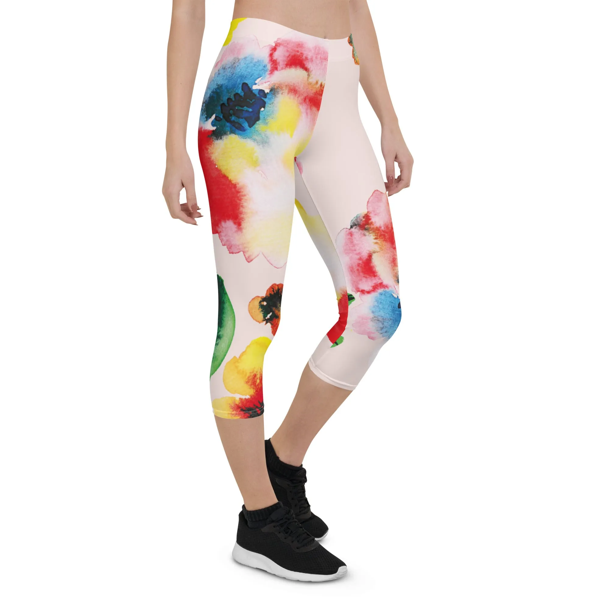 Red Mixed Floral Capri Leggings, Abstract Flower Print Designer Premium Quality Women's Capris Tights- Made in USA/EU/MX