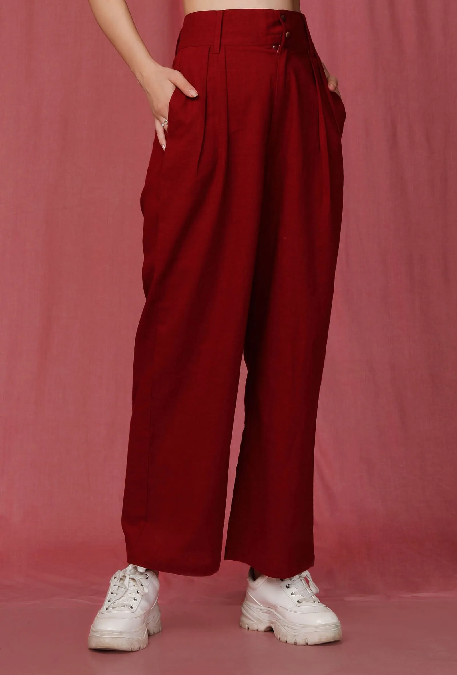 Red Plain Linen Pant