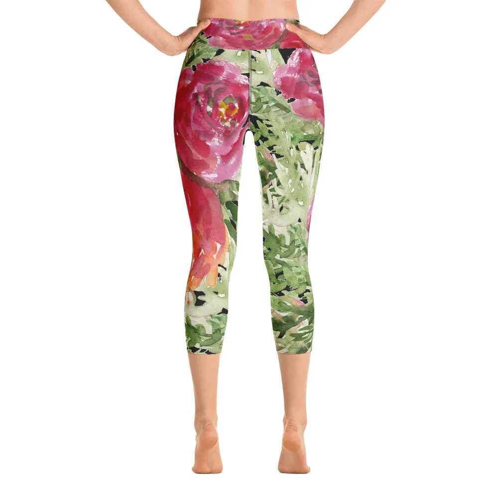 Red Rose Floral Capris Tights, Flower Print Women's Yoga Capri Leggings Floral Gym Pants - Made in USA