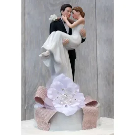 Ribbon Accent Groom Holding the Bride Wedding Cake Topper