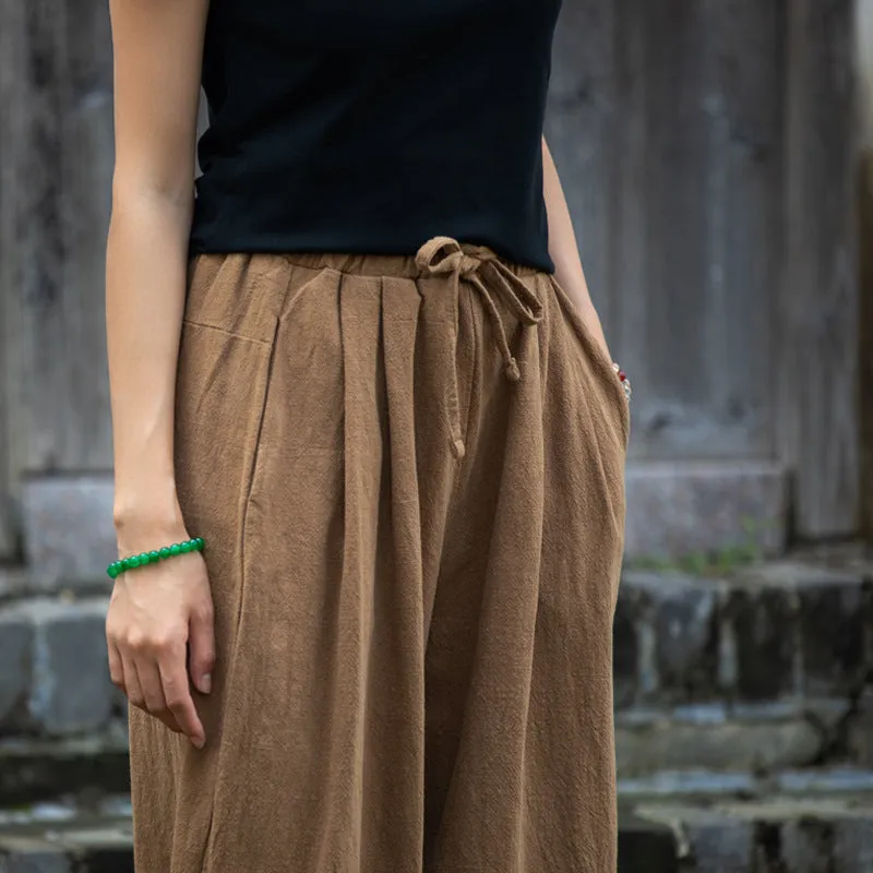 Sand-Washed Linen Tapered Carrot Pants with Drawstring